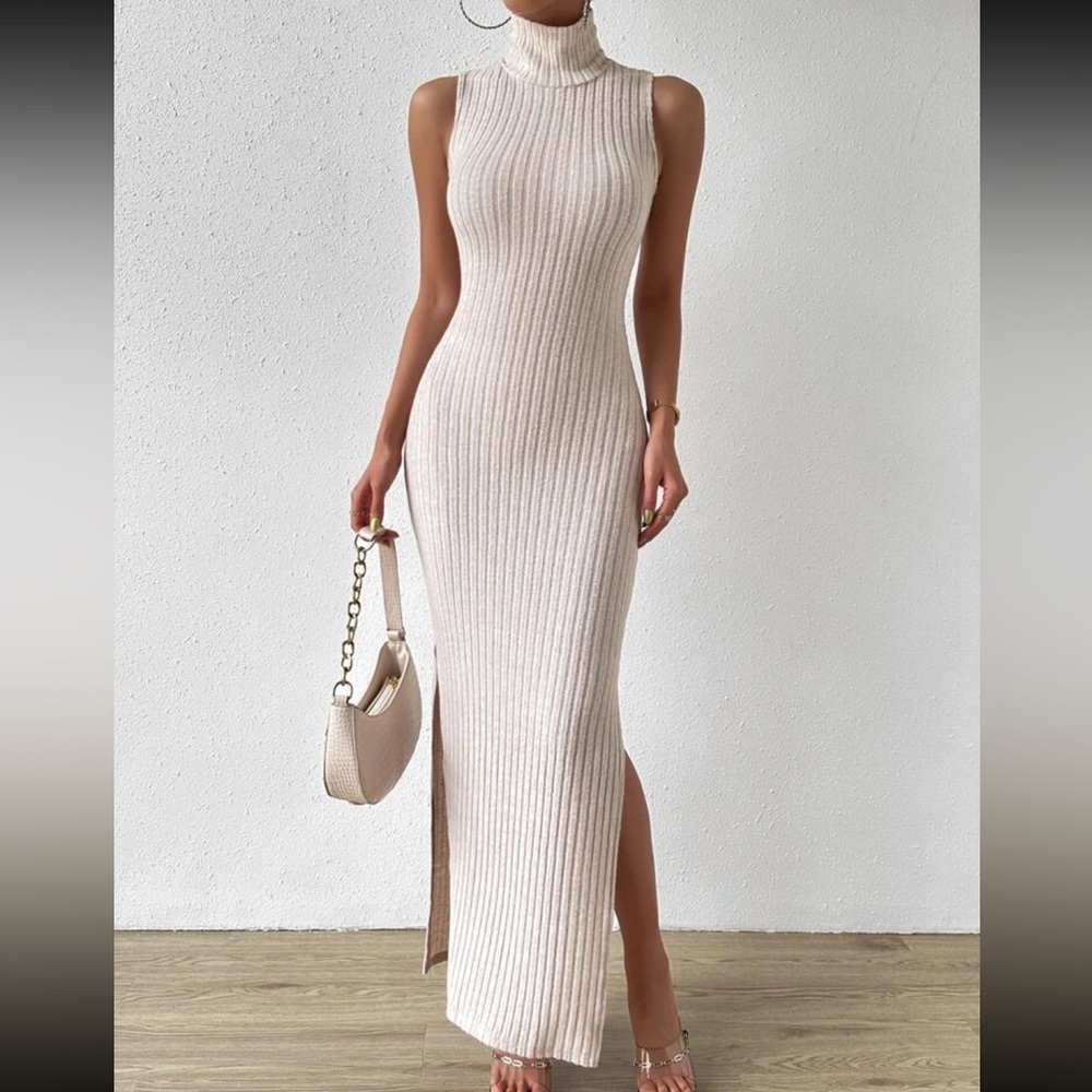 Sexy Turtleneck Split Thigh Tank Knit Dress - Picture 2 of 6